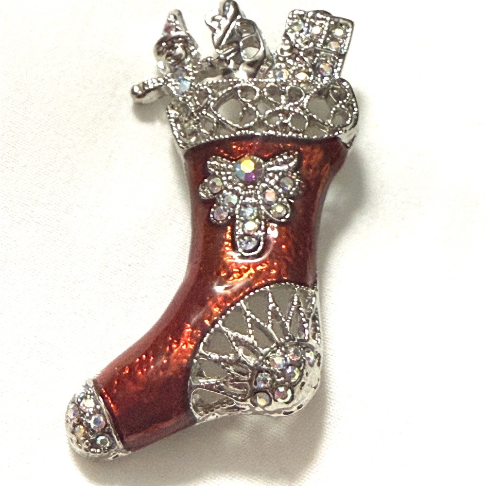 Festive Red and Silver Tone Stocking Brooch